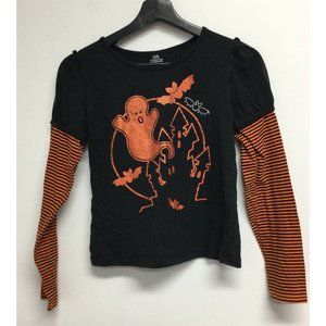 Girls Halloween T-shirt Size XL 14 16 Black Orange Ghost Striped Long Sleeve